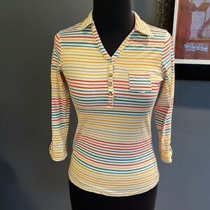The Limited multi-color stripe jersey knit button placket collared top. XS.